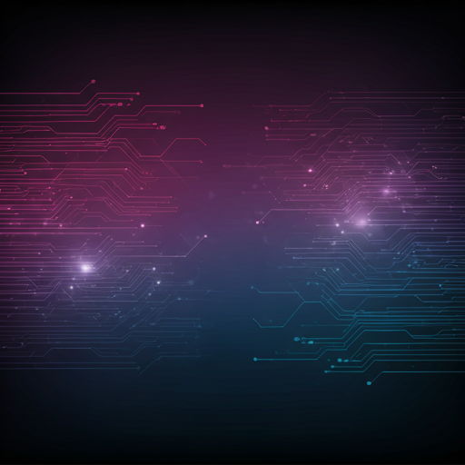 Technical visualization of digital circuits and data flow in deep neon purple and blue tones, abstract technological background.